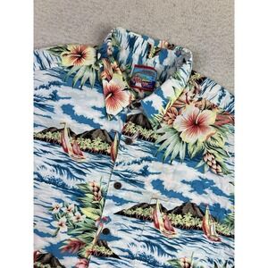 Reyn Spooner Shirt Mens XL Blue Floral Sailboat Hawaiian Short Sleeve Button Up